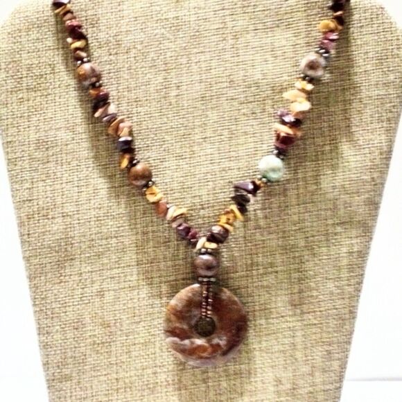 Boho Inspired Multi-Color Semi Precious Stone Donut Pendant Necklace - Picture 2 of 7